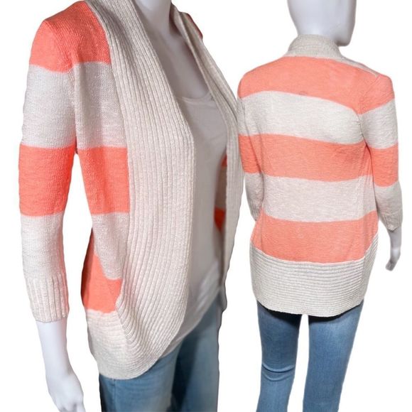 Pink Rose Sweaters - Striped Open Front Cardigan